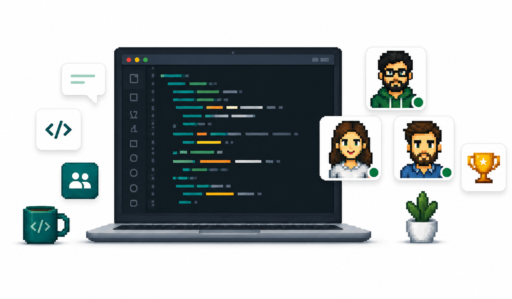 Developers collaborating around a laptop with code, chat, achievement and profile icons